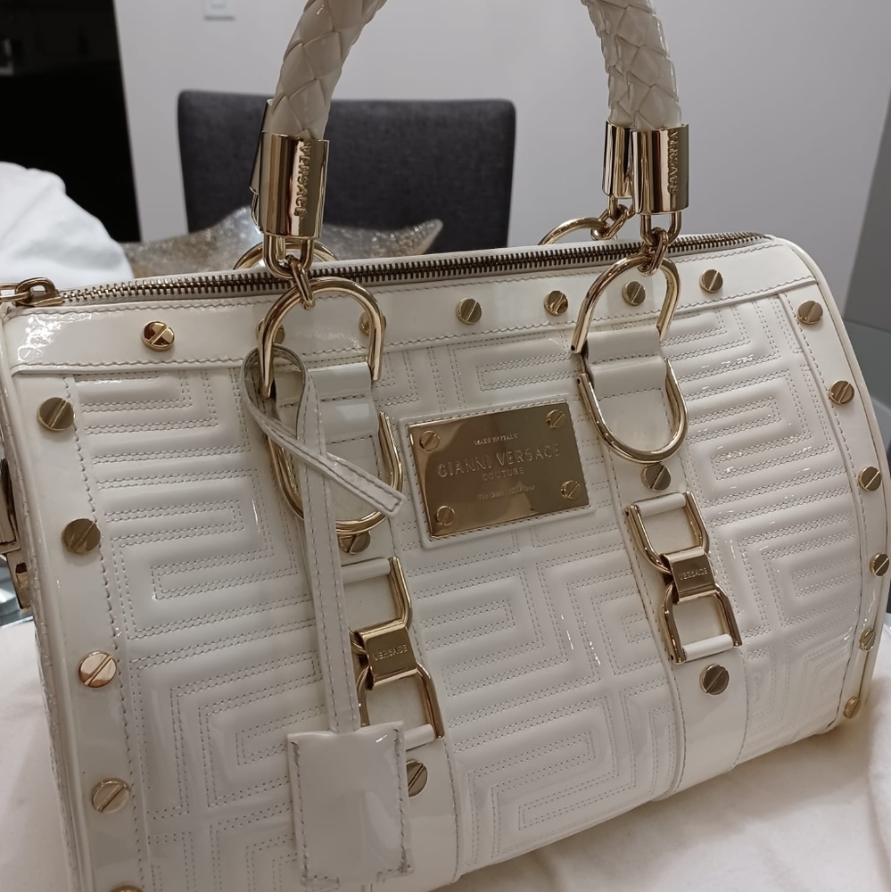 Gianni Versace White Quilted Patent Snap Out of It Bag. Authentic Made In Italy